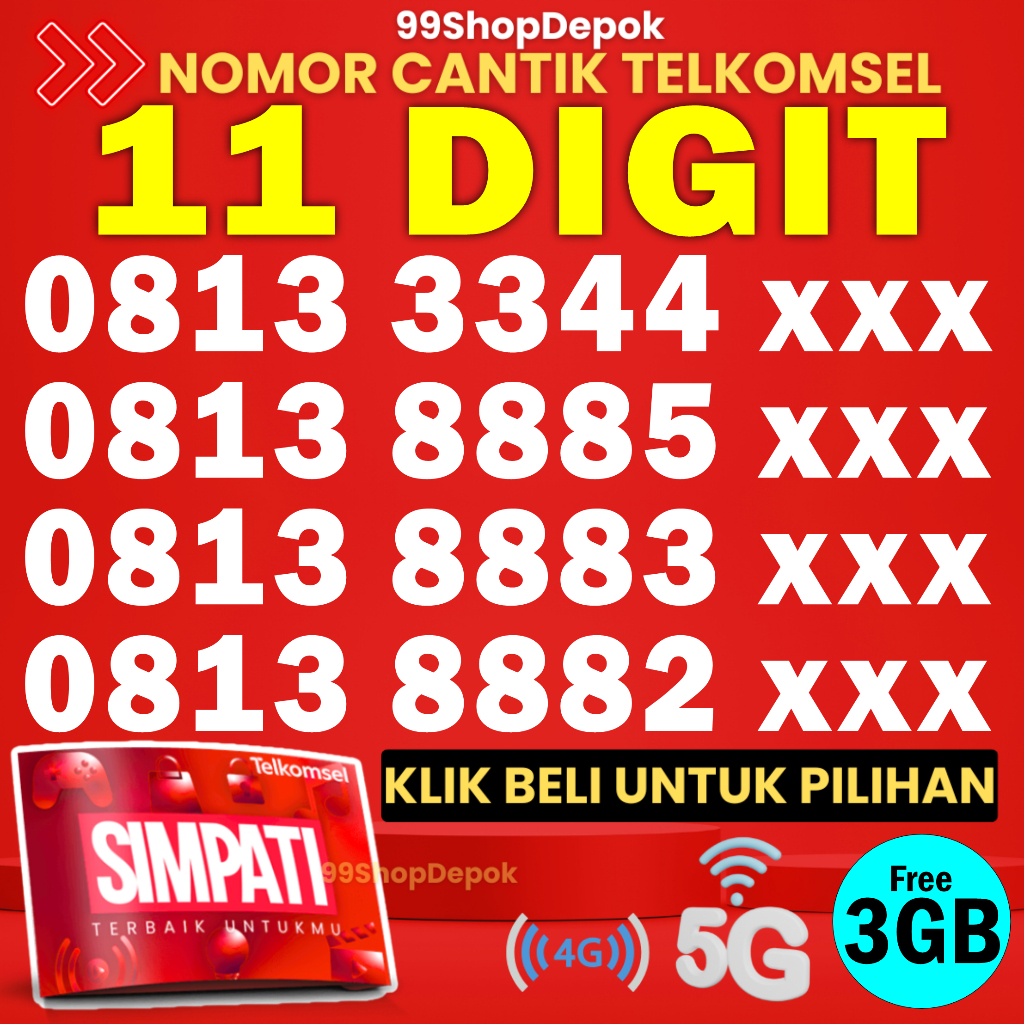 Kartu Perdana Nomor Cantik Simpati 11 Digit 8883 888 8885 Nomer Cantik Telkomsel 5g 4g 11 Angka 3344