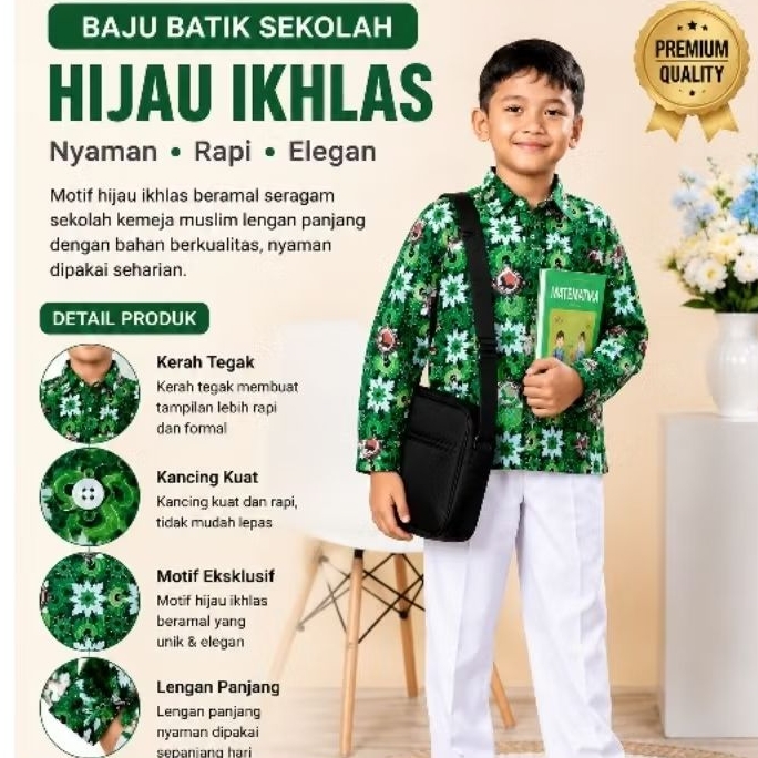 Baju Batik Sekolah Sd Negeri /Mi madrasah ibtidaiyah Motif hijau ikhlas beramal seragam sekolah keme