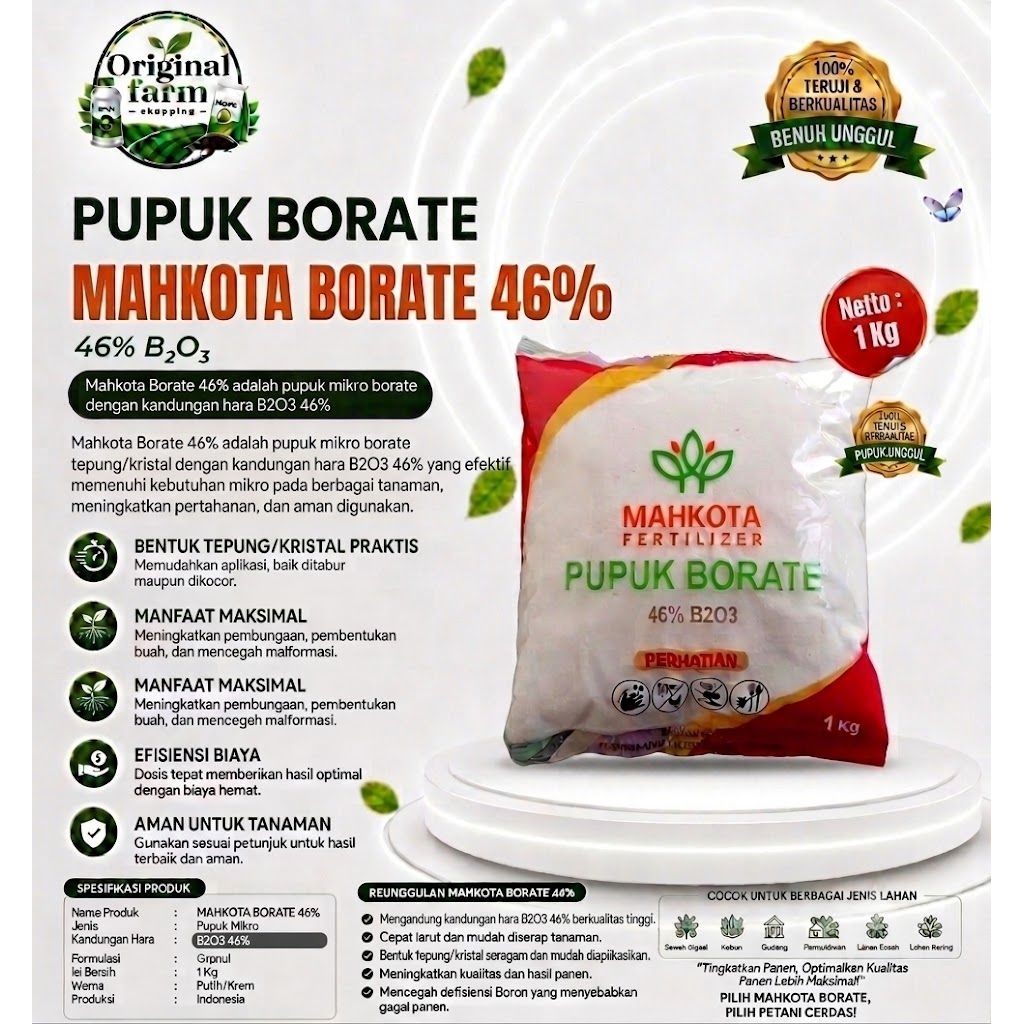 Pupuk Mahkota Borate 46% 1 Kg - Original Kemasan Pabrik