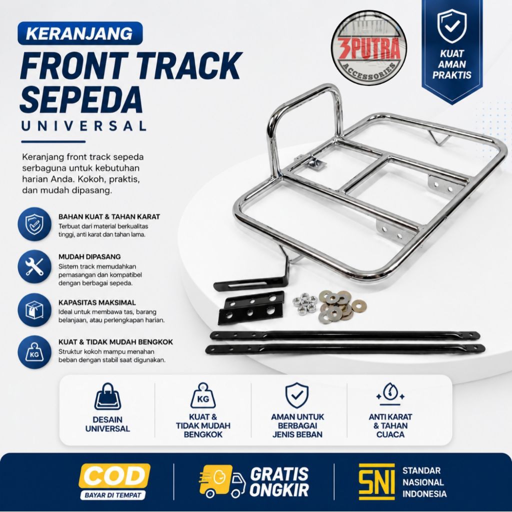 Keranjang Sepeda Depan Front Track Silver Glosy Universal MTB Federal Lipat Fixie Alas Kayu Premium 