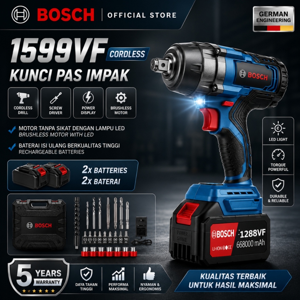 Bosch 1599VF Kunci Impact Tanpa Kabel Bor Impact Multimode dengan 2 Set Baterai & Garansi 5 Tahun