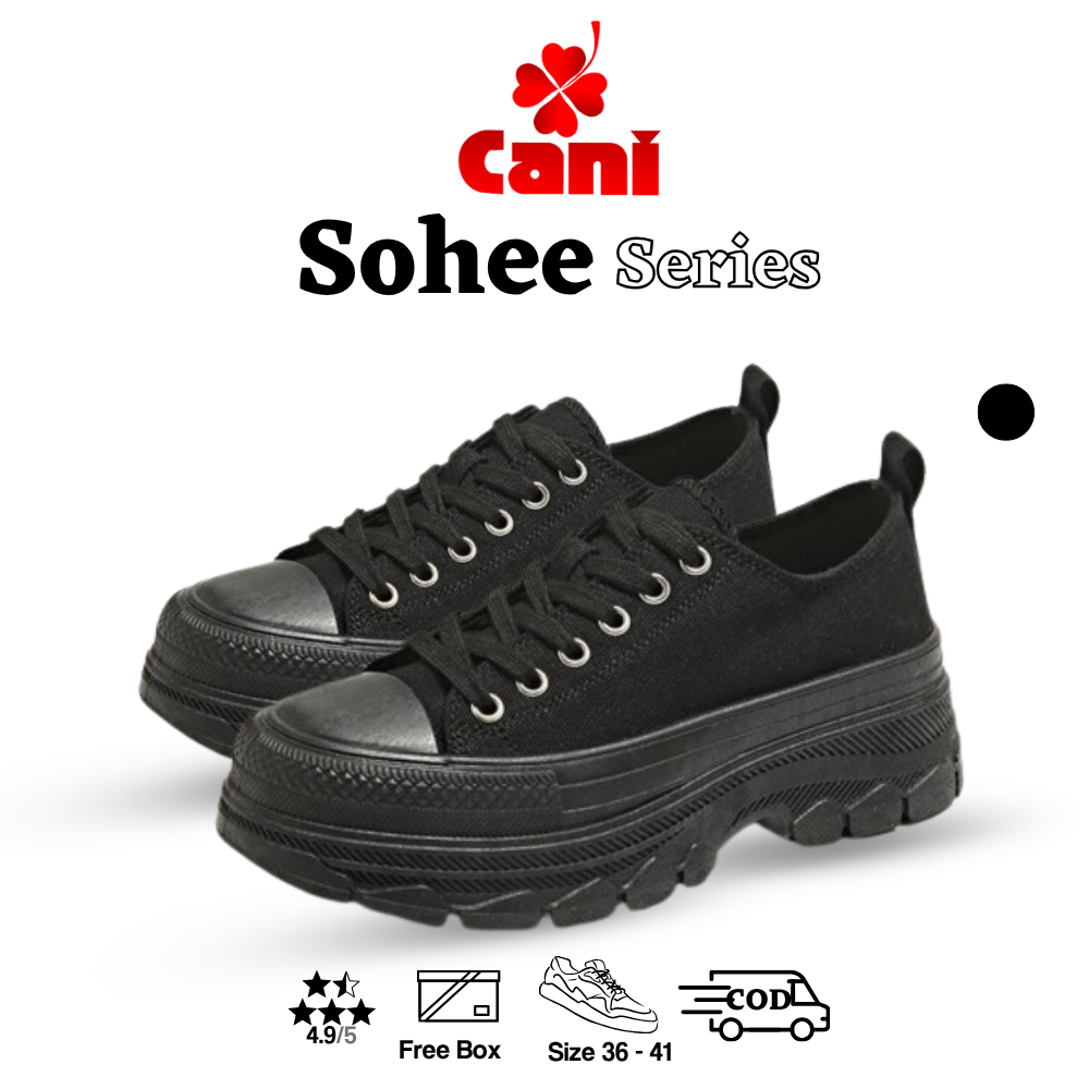 Cani "Free Box" (Size 36 - 41) Sohee Sepatu Kanvas Wanita Korean Fashion Sepatu Sekolah Fullblack Wa