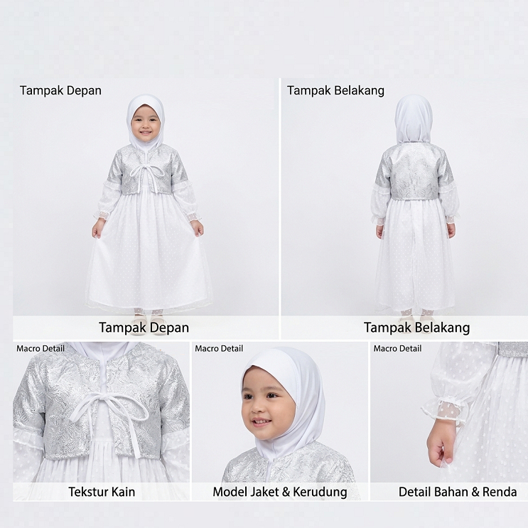 TGO- Gamis Anak Perempuan Set Hijab 3-5 Tahun Cardigan Silver Satin Tile Dot Mewah/vb044