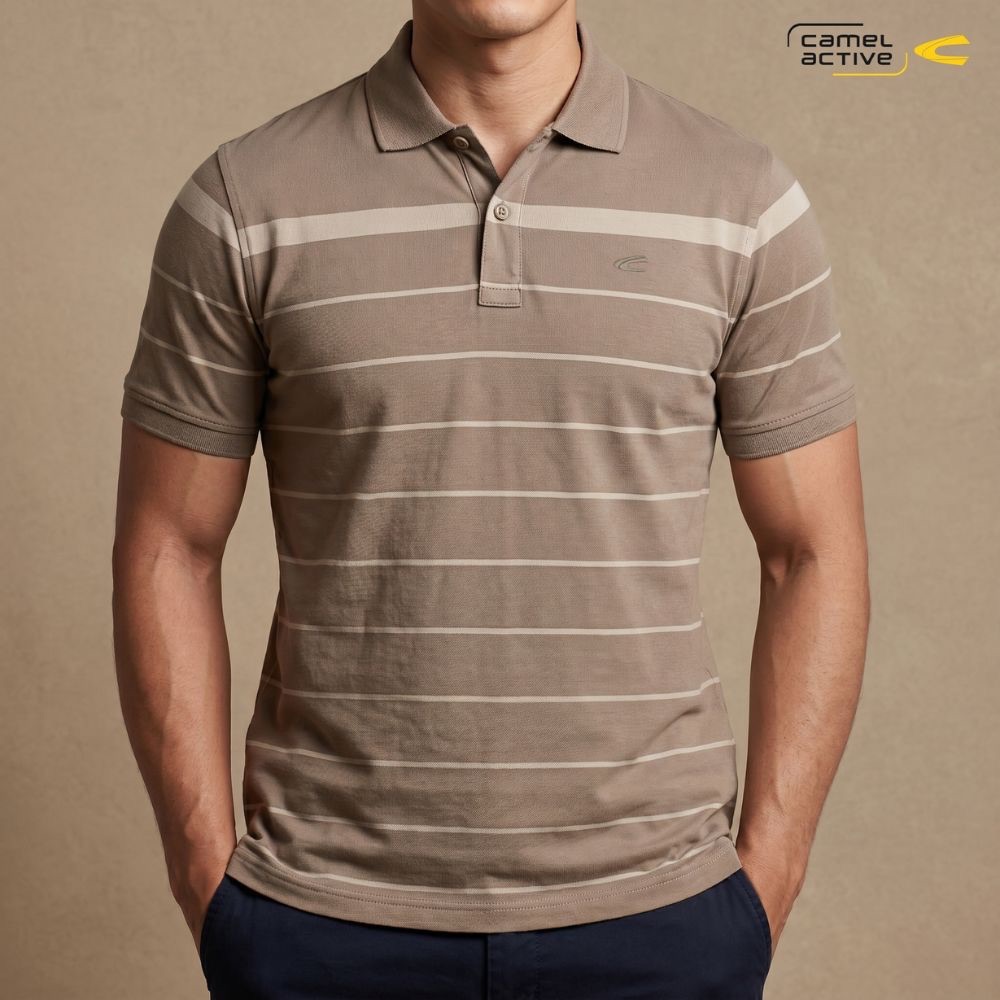 camel active Men's Brown Beige Stripe Cotton Polo Shirt