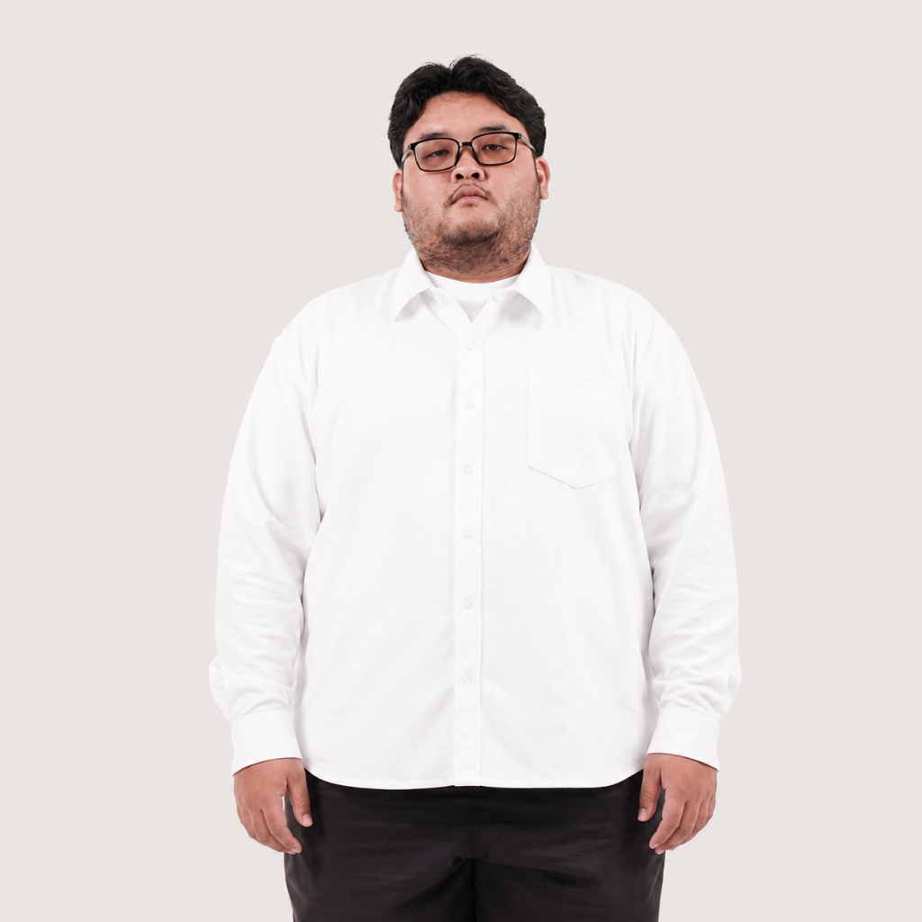 Kemeja Polos Big Size Jumbo Pria Lengan Panjang Putih Pique