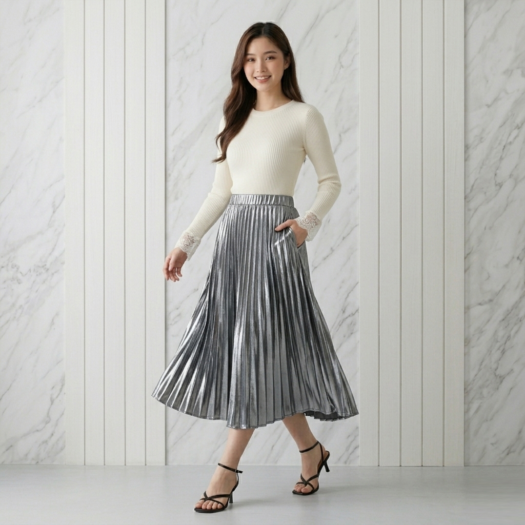 Rok Midi Plisket Velvet 7/8 Model Payung Rok Beludru Stretch Lembut