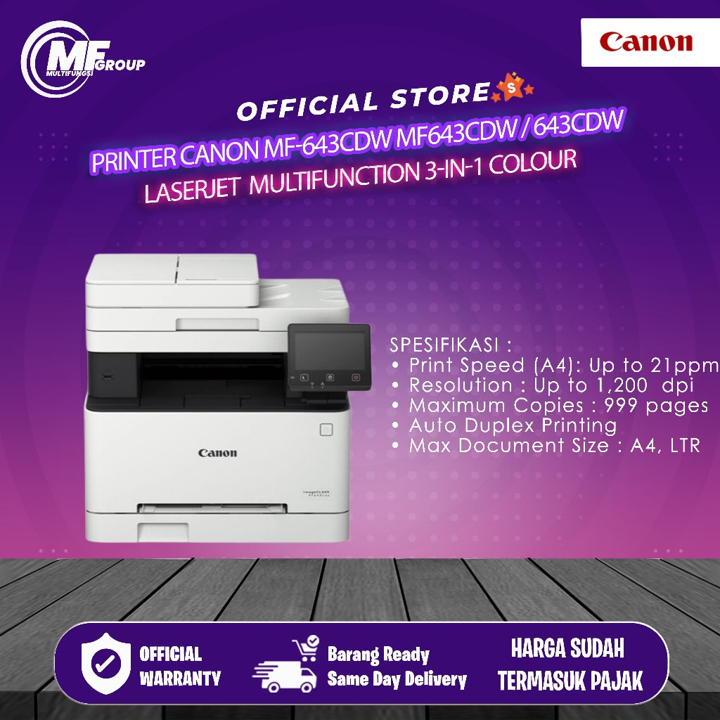 Canon MF643Cdw Printer Laser Multifungsi Warna 3-in-1, Cetak, Pindai, Salin
