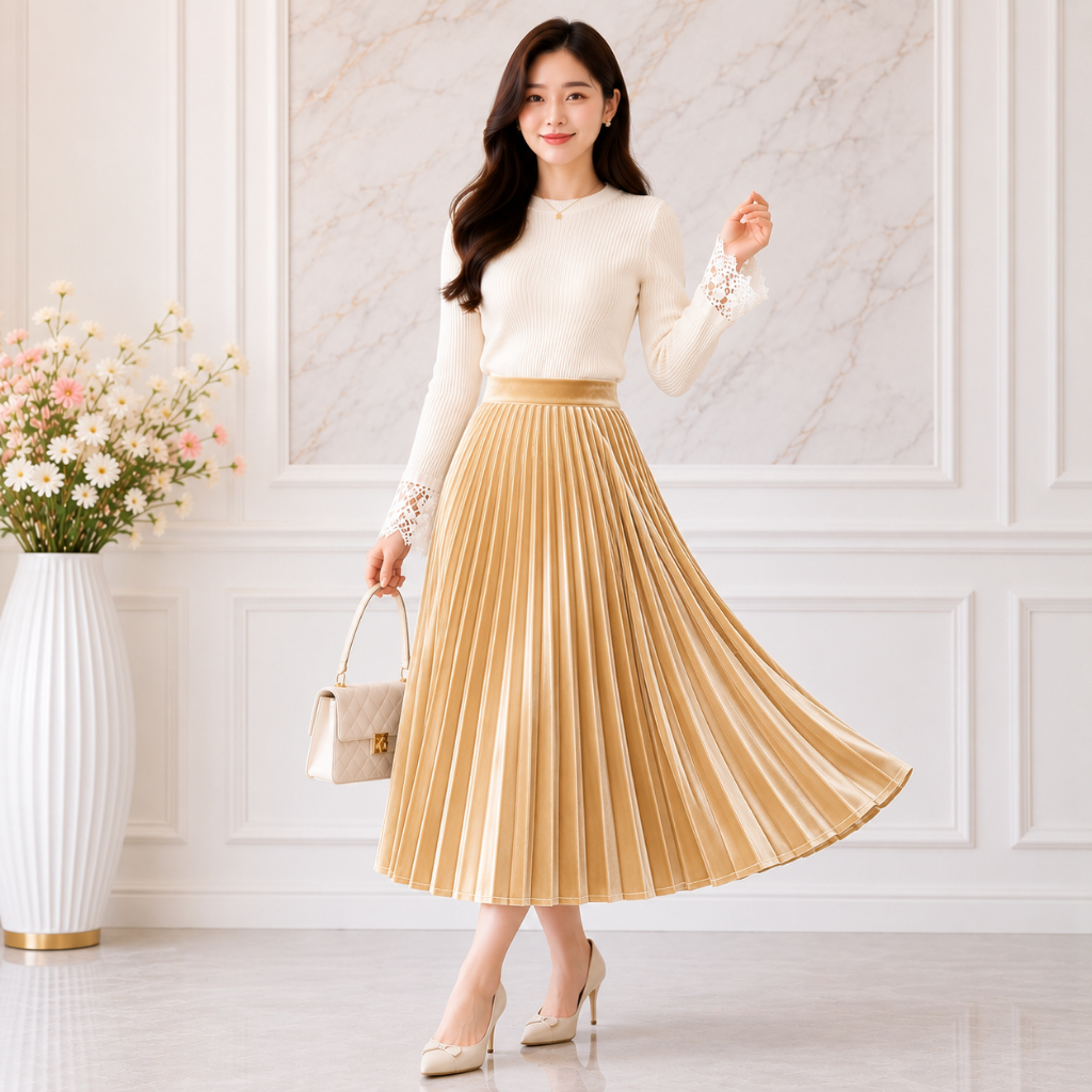 Rok Plisket Beludru Premium 7/8 Tekstur Plisket Awet Midi Skirt