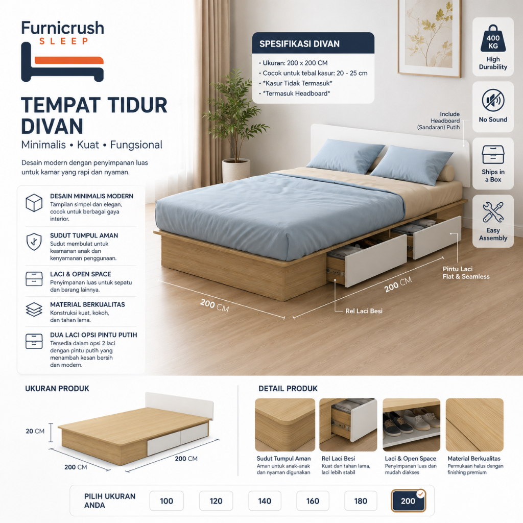 Furnicrush Sleep Dipan Kasur 200 X 200 / Ranjang Tempat Tidur / Divan 200 / Dipan Laci / Divan Super