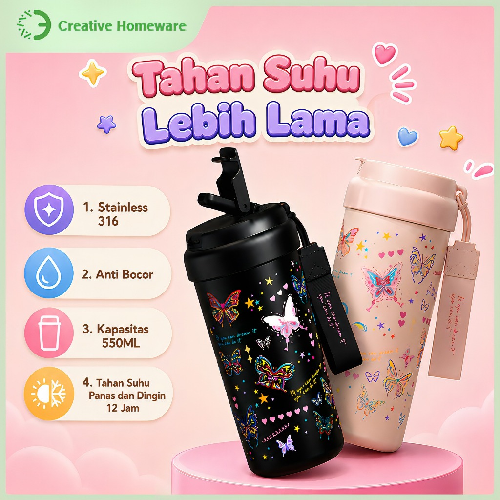 550ML Tumbler Stainless Karakter Kupu-Kupu Botol Minum Sedotan Termos Anti Tumpah Tahan Panas dan Di