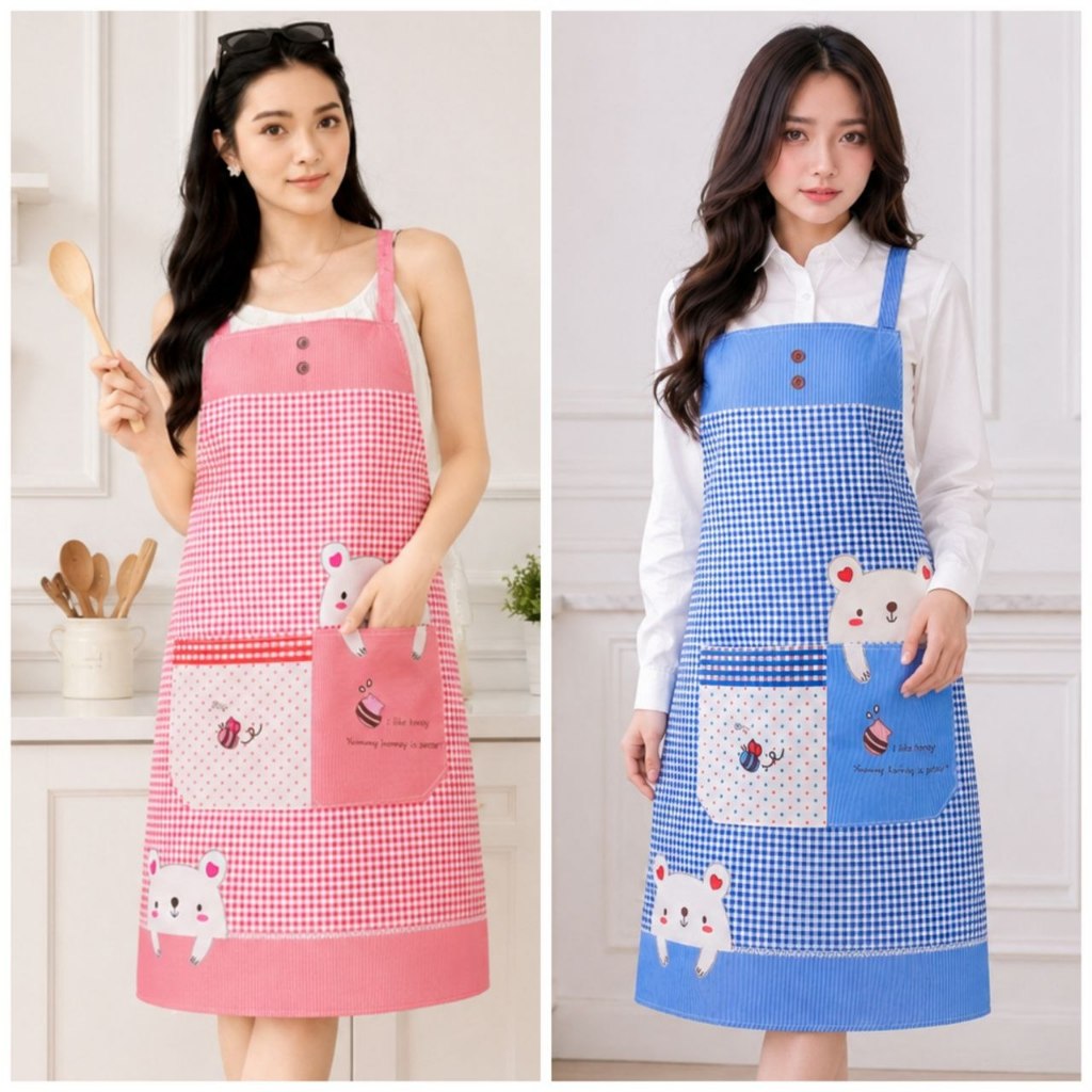 Celemek Beruang Apron masak Bahan Kain Varian Merah Pink Biru Motif Kotak Lucu Kantong Depan