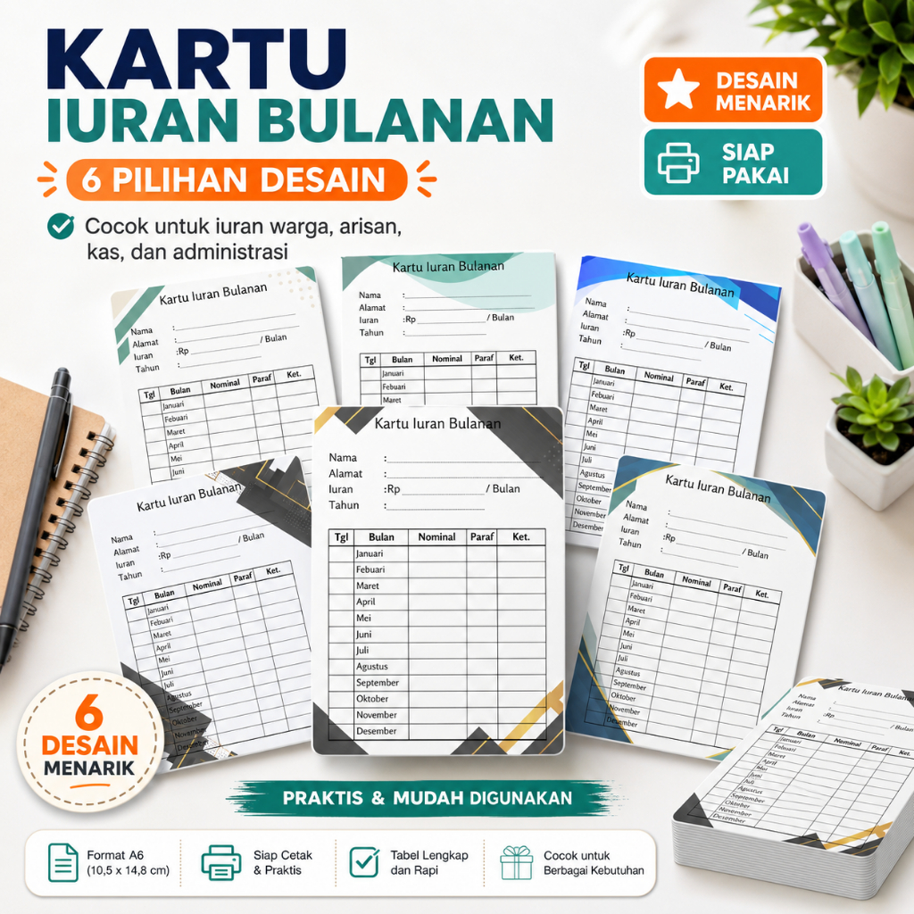 Kartu Iuran Bulanan (Boleh Custom), kartu Iuran keamanan, iuran kebersihan, iuran sosial dan lainnya