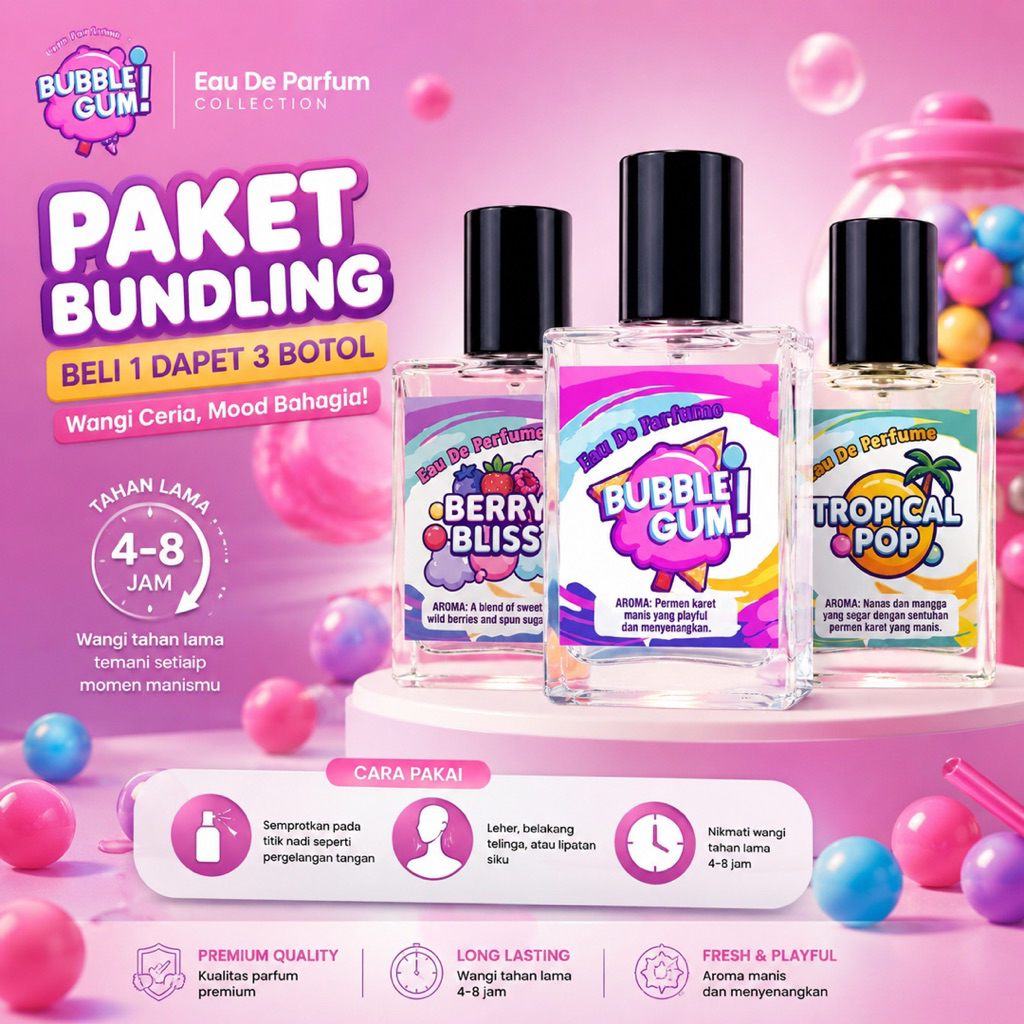 PARFUM BOTOL KACA PAKET BUNDLING AROMA BUBBEL GUM MANGGA BERY PRMEN KARET BELI 1 DAPET 3 BOTOL VIRAL