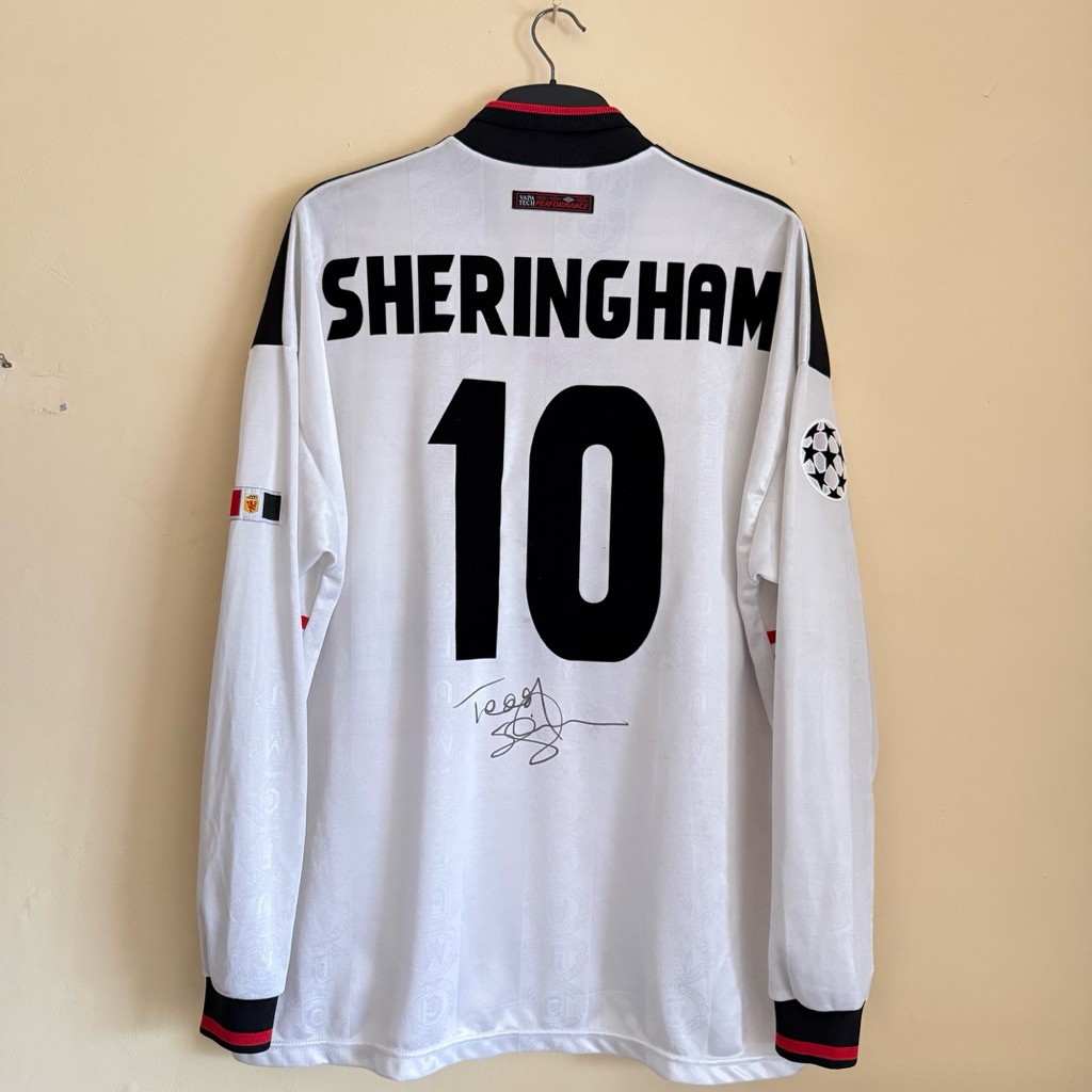 Manchester United Away 1997/1999 UCL Signed Tanda Tangan Teddy Sheringham with Proof Jersey Baju Bol
