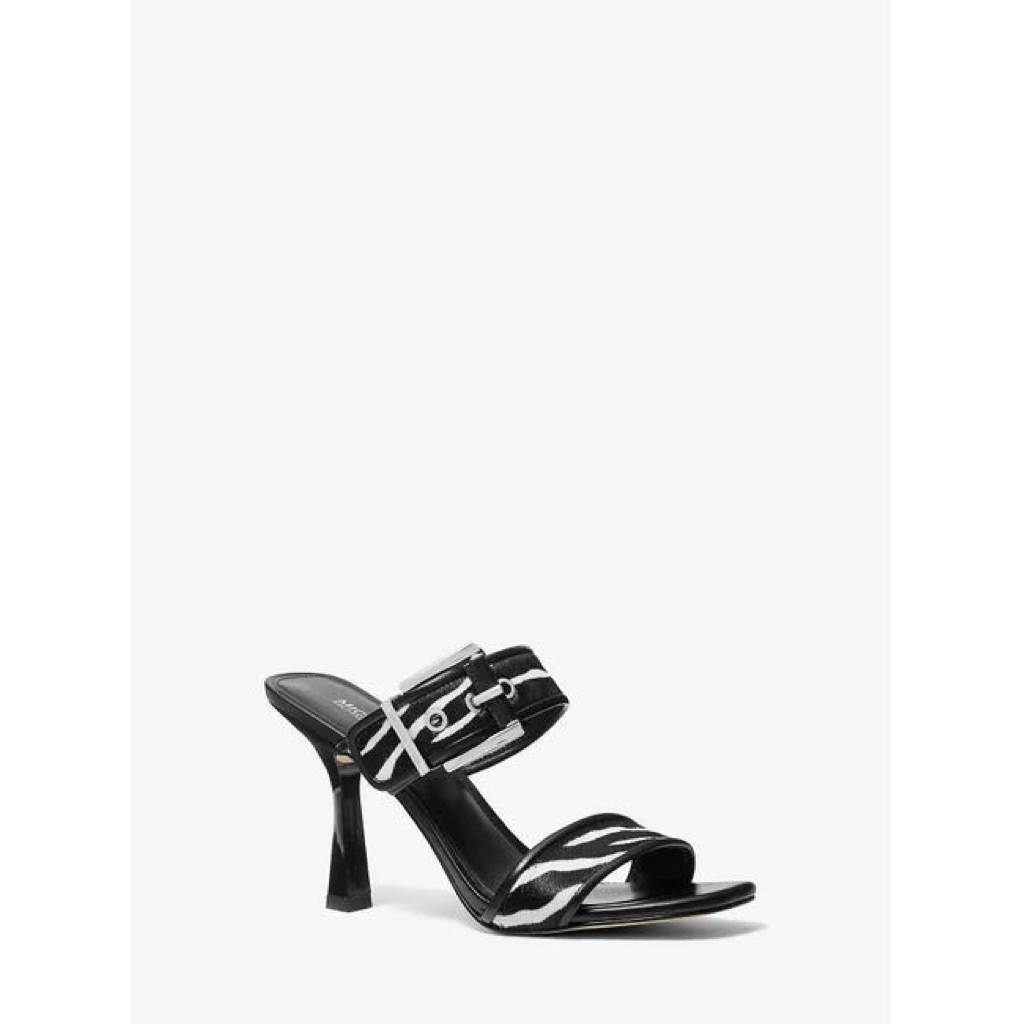 Michael Kors Colby Heeled Sandal Wild Zebra Haircalf Leather High MK Luxury Heel Mules with Silver B