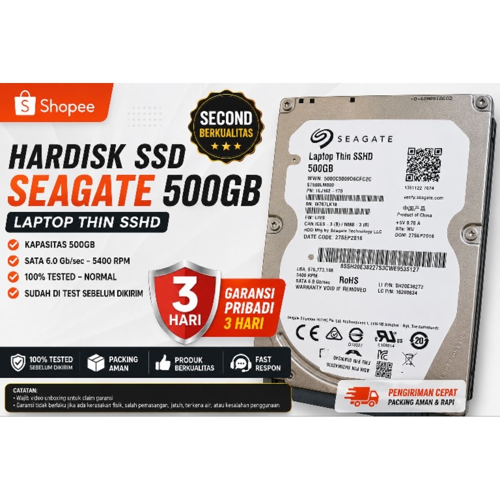 Seagate Laptop Thin SSHD 500GB 2.5" SATA 5400RPM Second Tested Normal