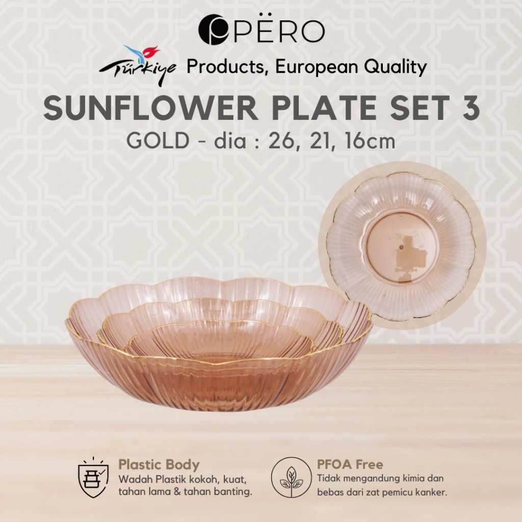 Pero Sunflower Round Plate Plastic Set of 3 / Piring Kaca Bulat Plastik Set 3 / Piring Serbaguna / P