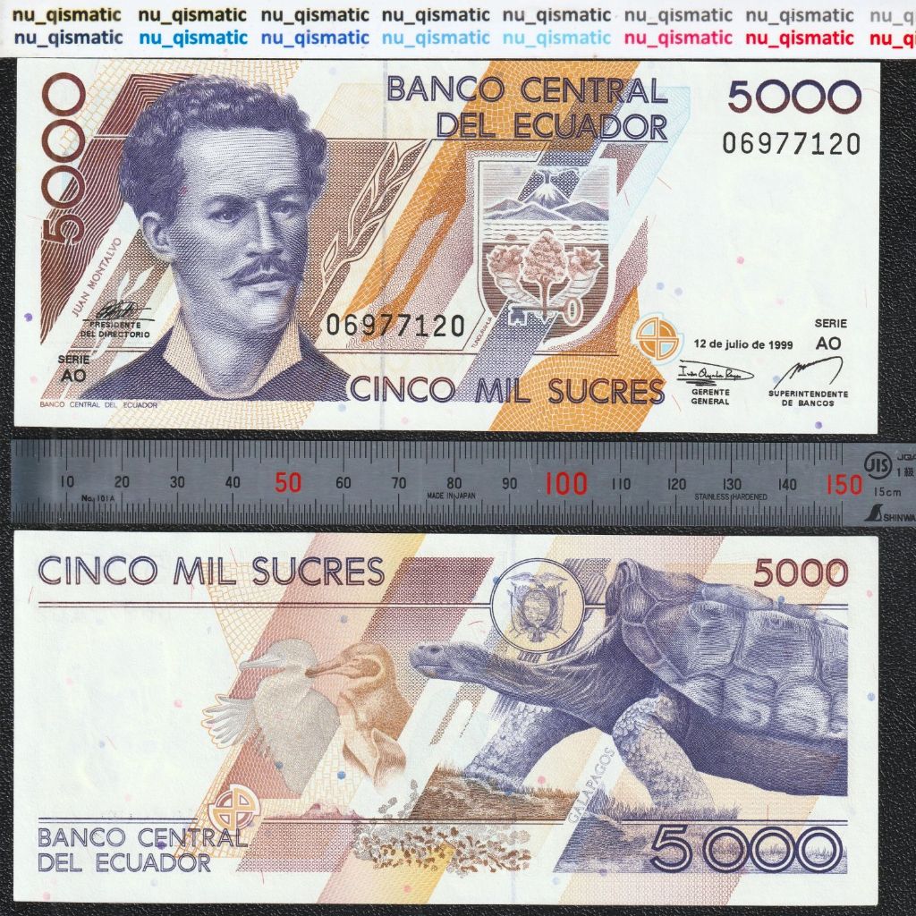Uang Ecuador 5000 Ekuador 5000 Sucres, 1999, UNC Baru Super Gress P# 128
