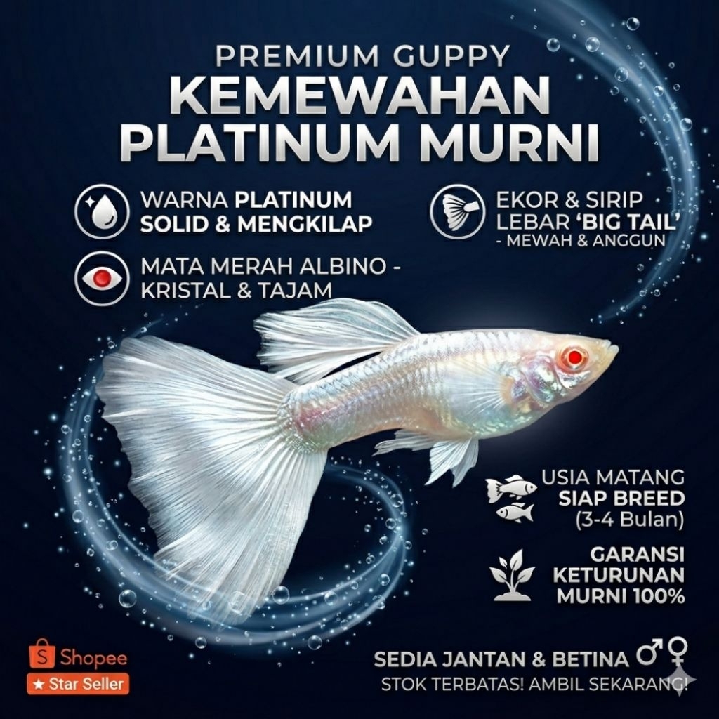 Hiasan Aquarium Ikan Guppy Albino Full Platinum Sepasang