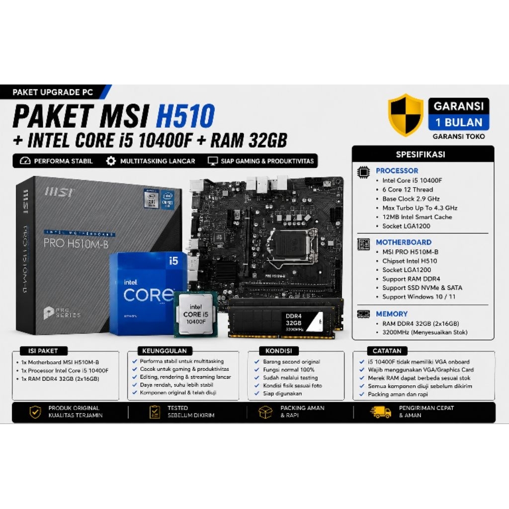 PAKET MOBO MSI H510 + I5 10400F + RAM 32GB