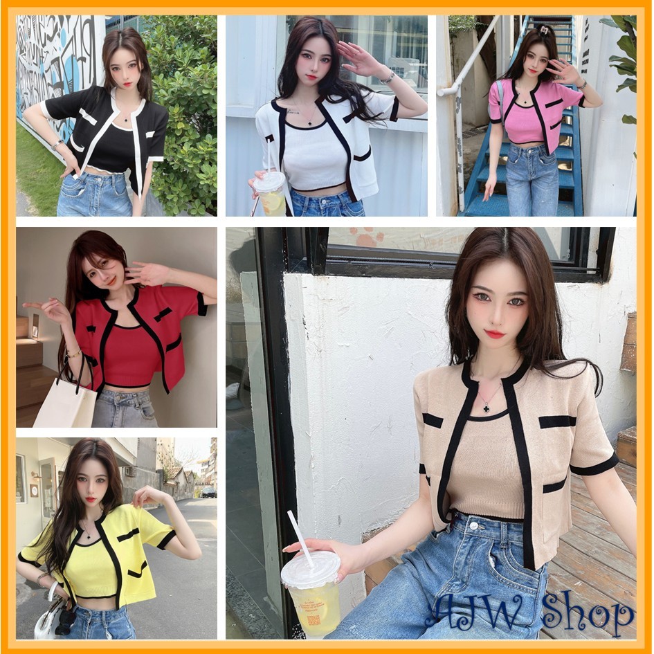 AJW Tanktop Cardigan Set Korean Style Rajut Import UP | Cardigan Lengan Pendek Tanktop Rajut Import 