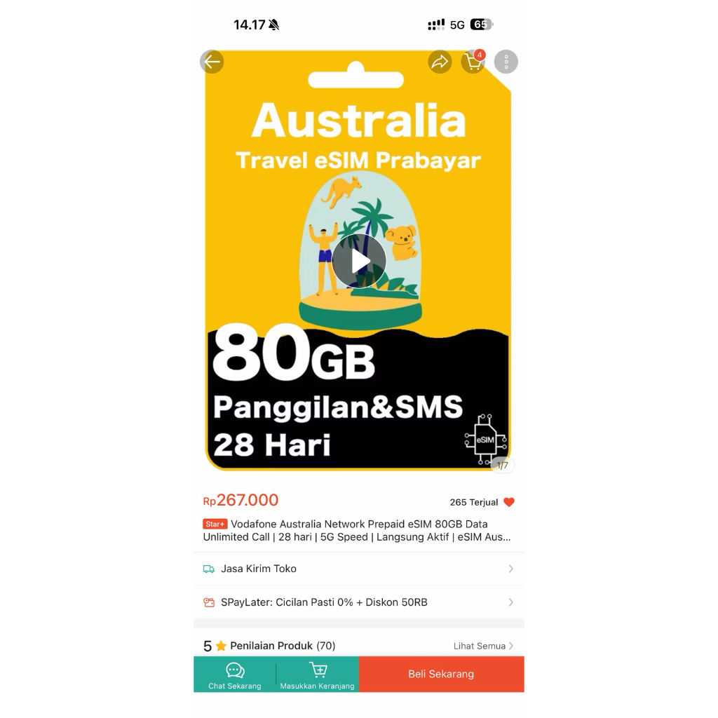 Vodafone Australia Network Prepaid eSIM 80GB Data Unlimited Call | 28 hari | 5G Speed | Langsung Akt