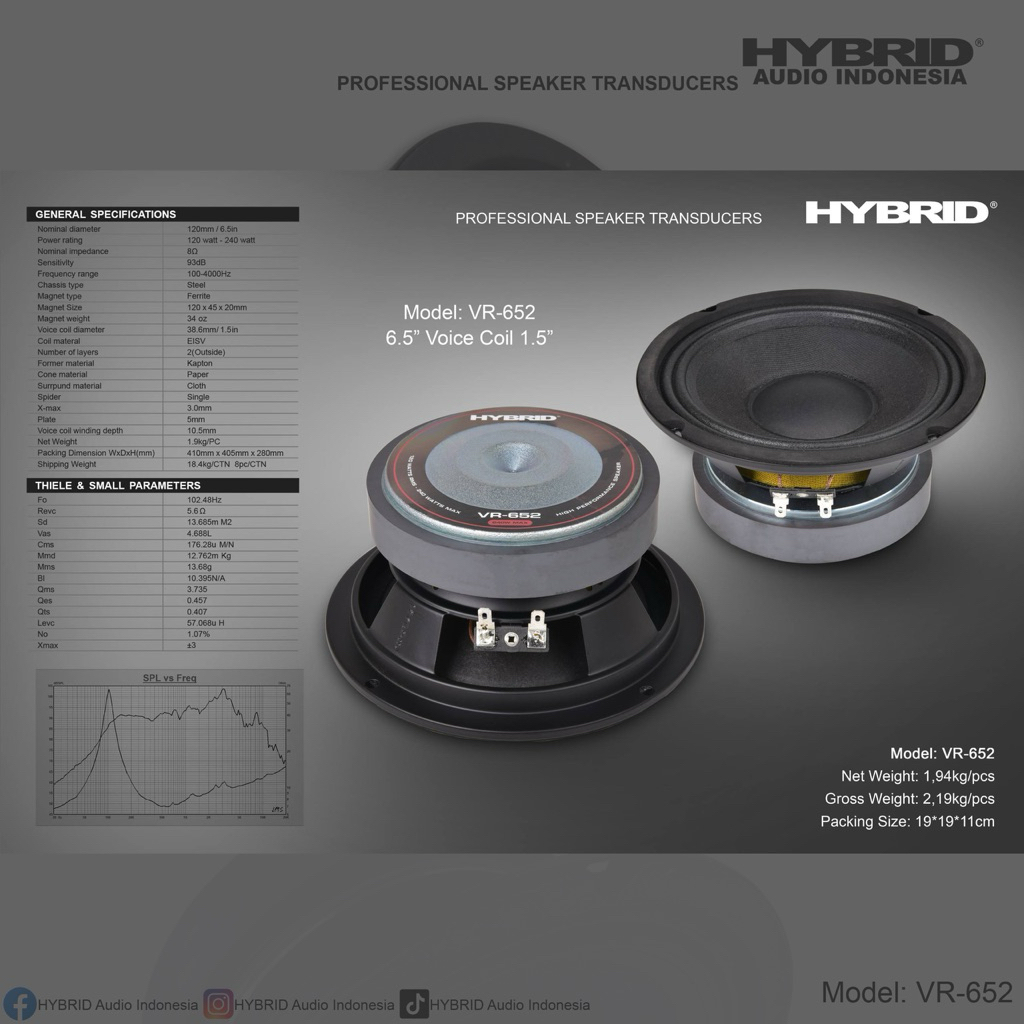 HYBRID VR-652 Speaker 6.5 Inch Midrange 8 Ohm 240W Voice Coil 1.5 Inch