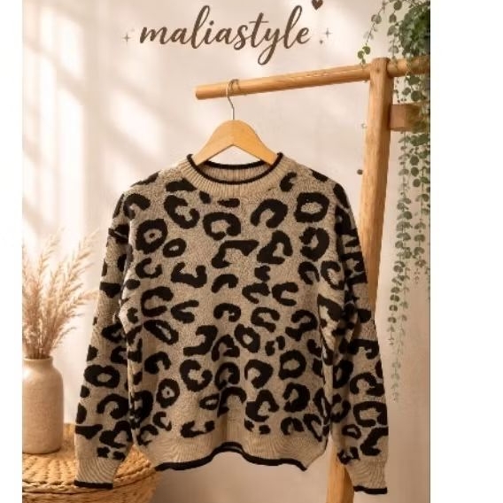 MaliaStyle Leopard Knit Sweater Premium | Rajut Wanita Motif Leopard AllSize
