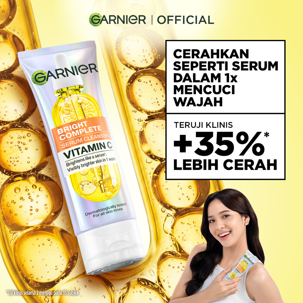 GARNIER Facial Wash Bright Complete Vitamin C Serum Cleanser 100ml | Skincare Pembersih Wajah Mencer