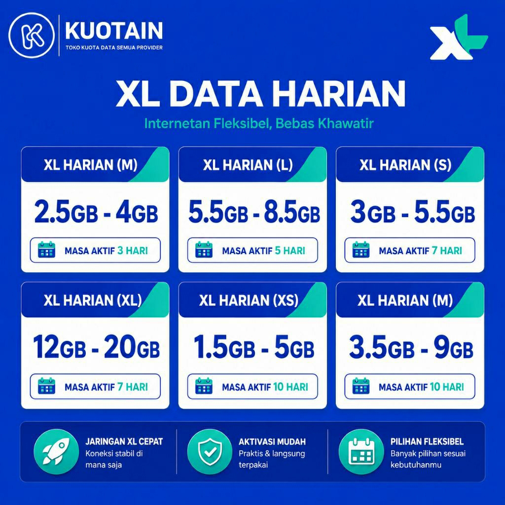 XL Data Harian Masa Aktif 3 Hari 5 Hari 7 Hari 10 Hari S M L XS XL Paket Internet XL Kuota Besar