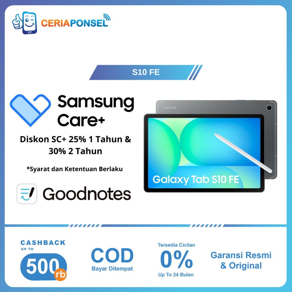 Samsung Galaxy Tab S10 FE 5G & Wifi 8/128GB, Galaxy AI,  Exynos 1580 (4 nm) | Garansi Resmi