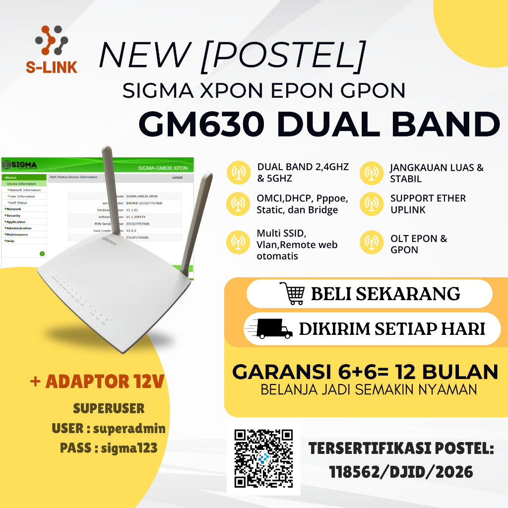XPON DUAL BAND EPON-GPON SIGMA GM630 OMCI DENGAN ADAPTOR