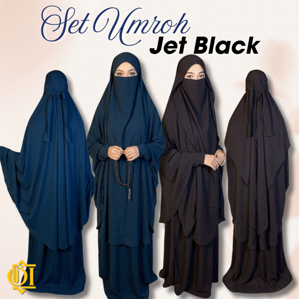 Set Umroh Haji Syari Jet Black Premium Gamis Set Cadar Khimar Instan Jumbo