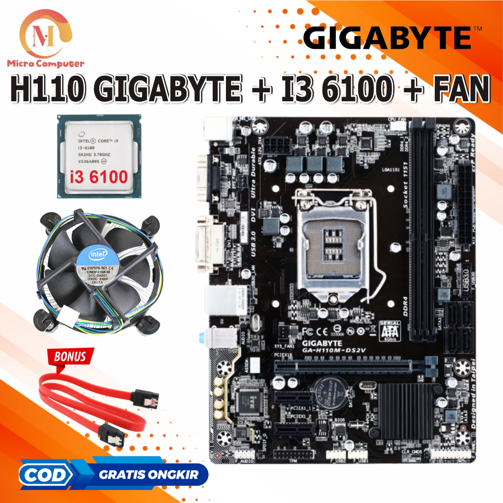 Paket Motherboard Mobo Mainboard H110 LGA 1151 DDR4 + Processor Core i3 6100 + Fan
