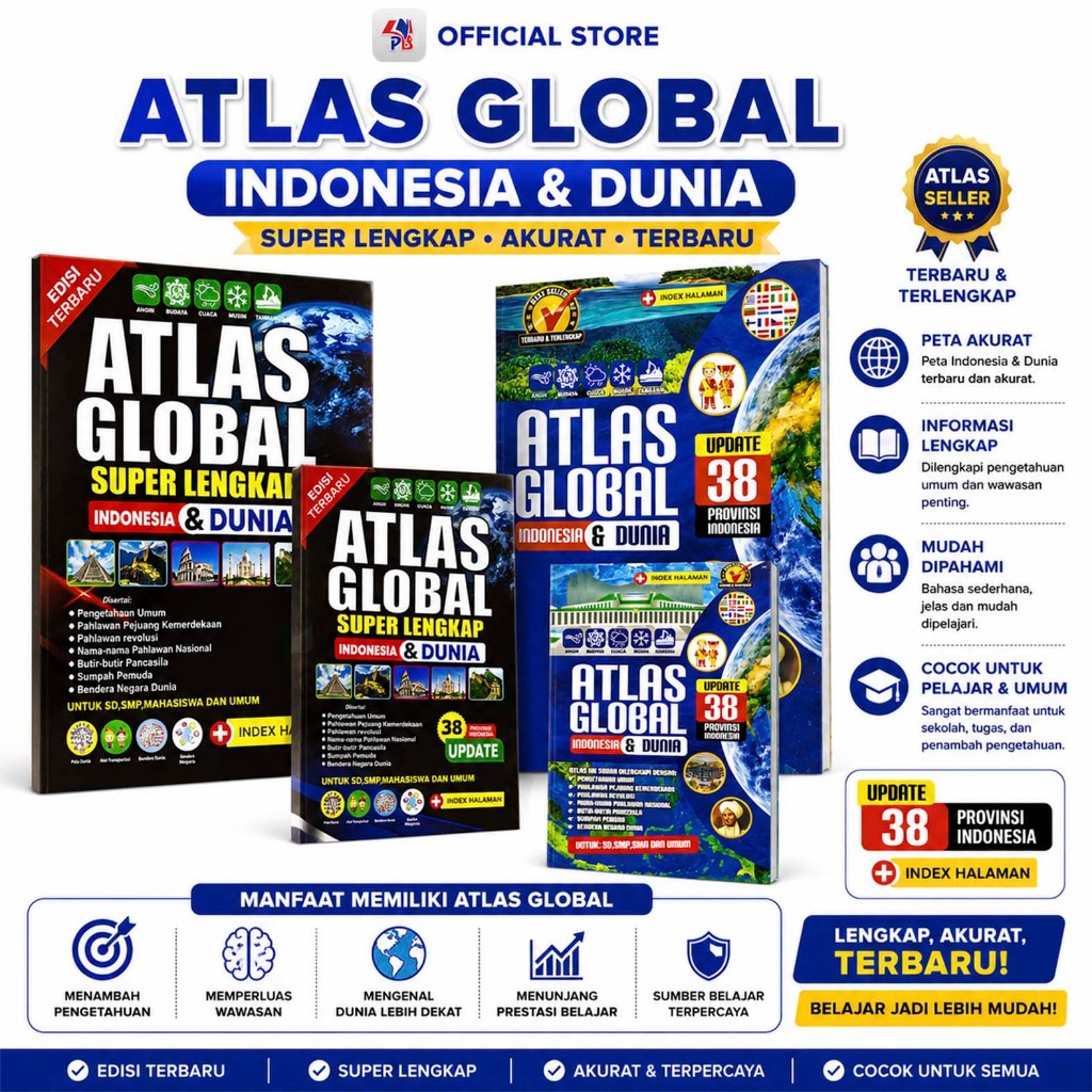 Buku Atlas 38 Provinsi Edisi Terbaru / Atlas Global Super Lengkap Indonesia & Dunia Edisi Terbaru 38
