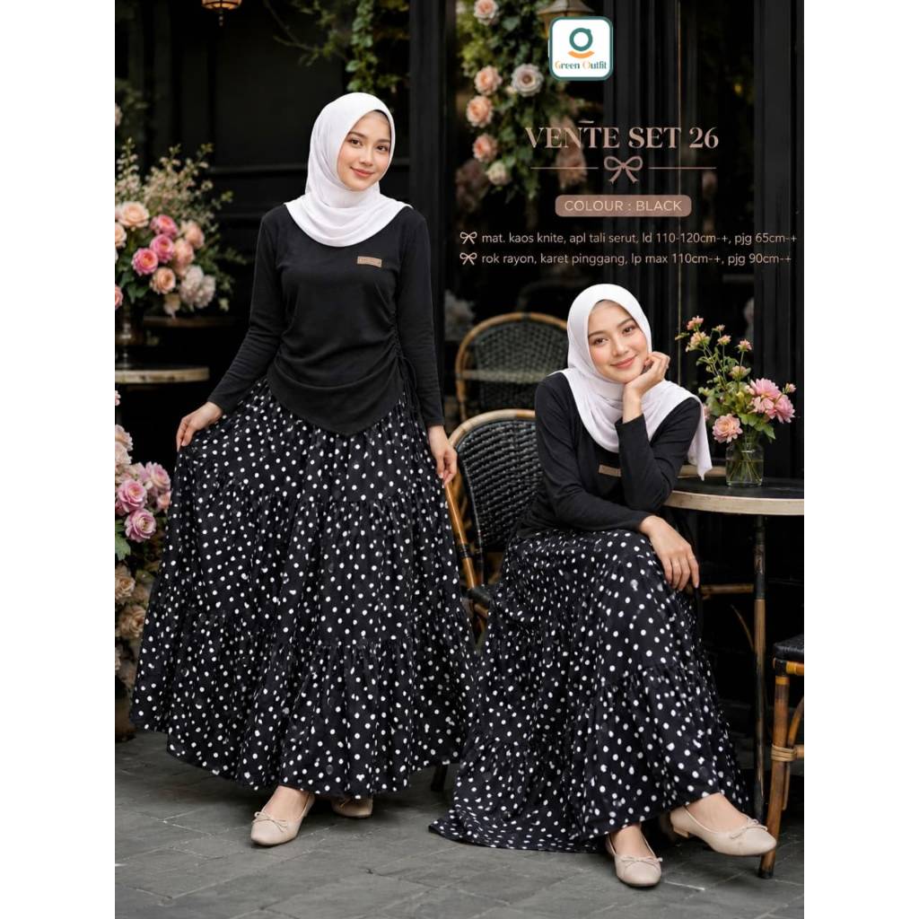 Setelan Baju Muslim Wanita Vente Set 26 Atasan Knit Tali Serut + Rok Polkadot Rayon Maxi LD 120