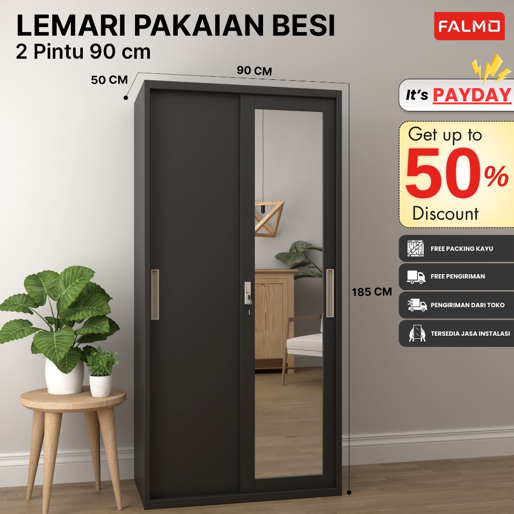 PROMO FALMO Lemari Pakaian 2 Pintu Sliding 90cm Full Motif Premium 2 Gantungan Hemat Tempat Anti Deb