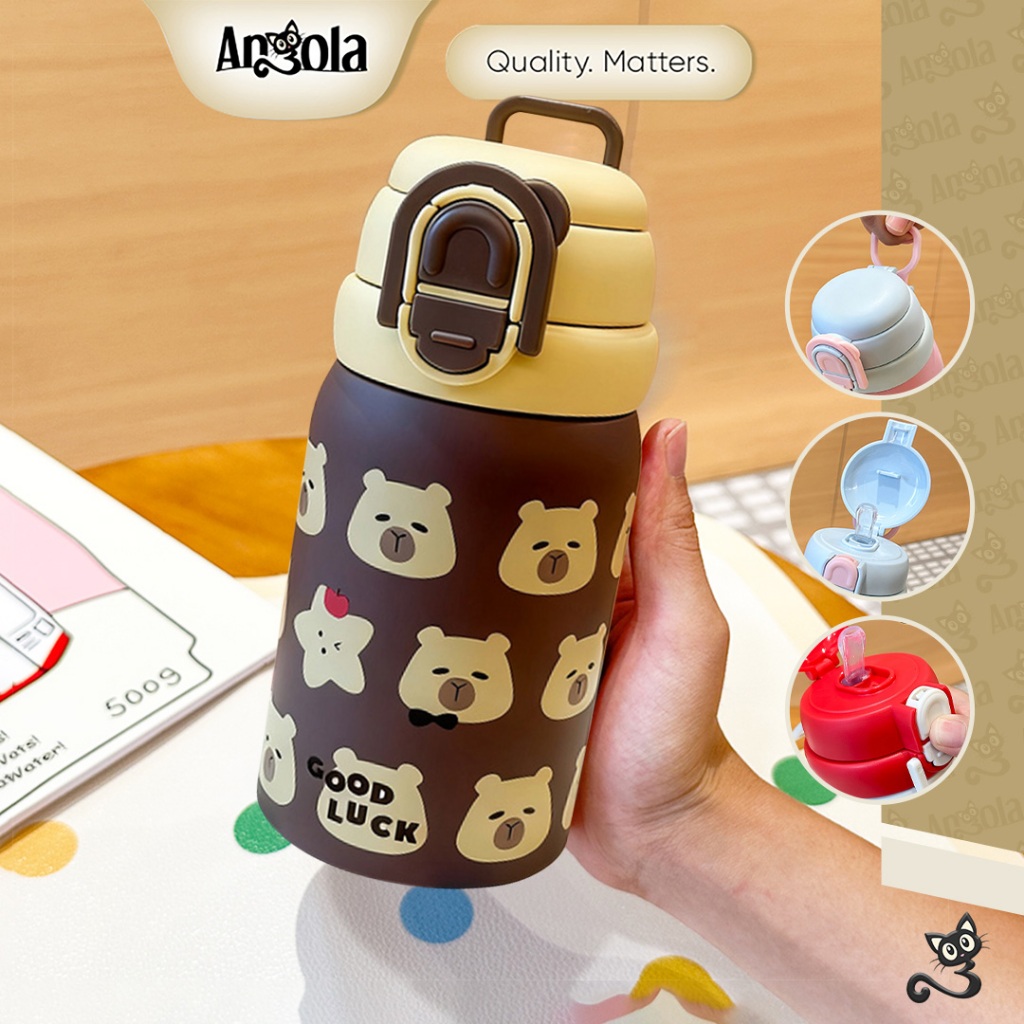 ANGOLA Tumbler Stainless Steel Cute Cartoon 650ml W15 Botol Minum Sedotan/Tahan Panas & Dingin