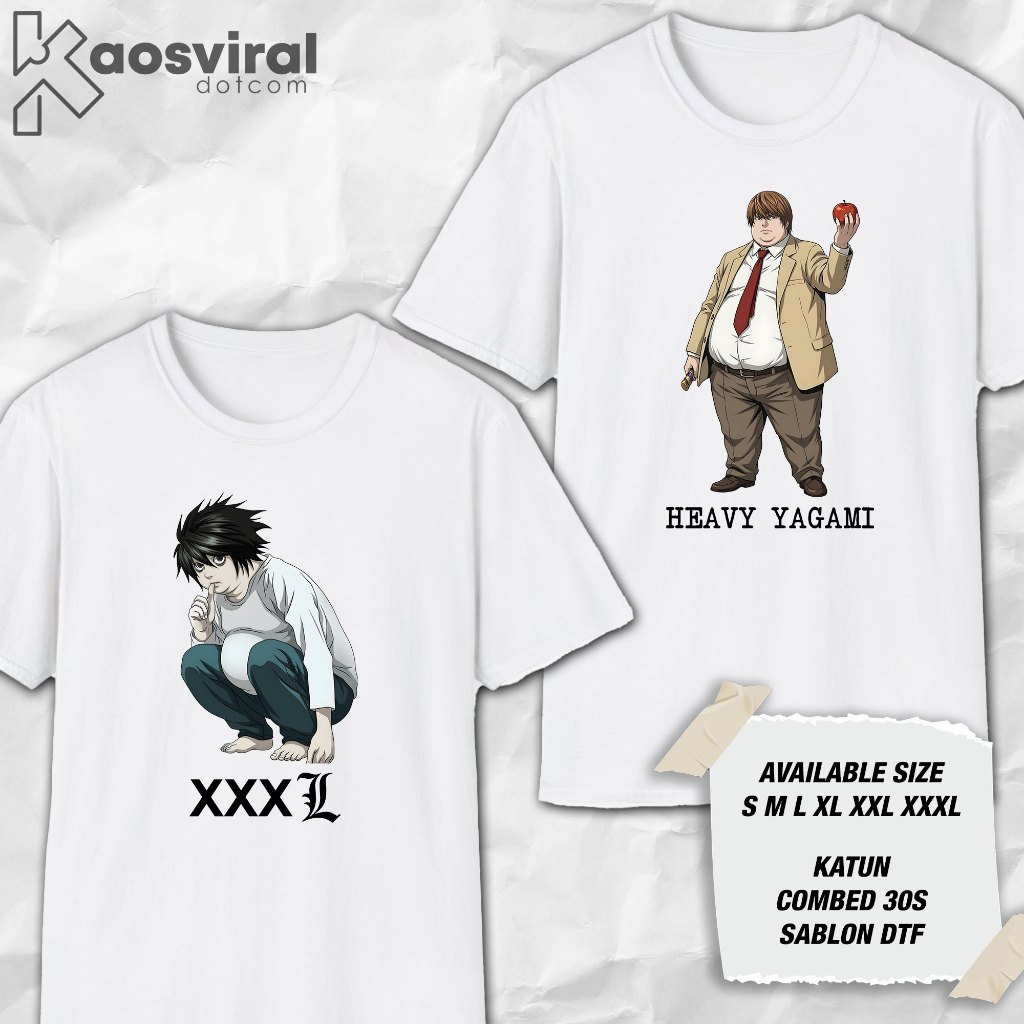 Kaos Anime Parody Death Note Heavy Yagami & XXX L - Baju Meme Viral Lucu Distro Pria Wanita [KAOSVIR