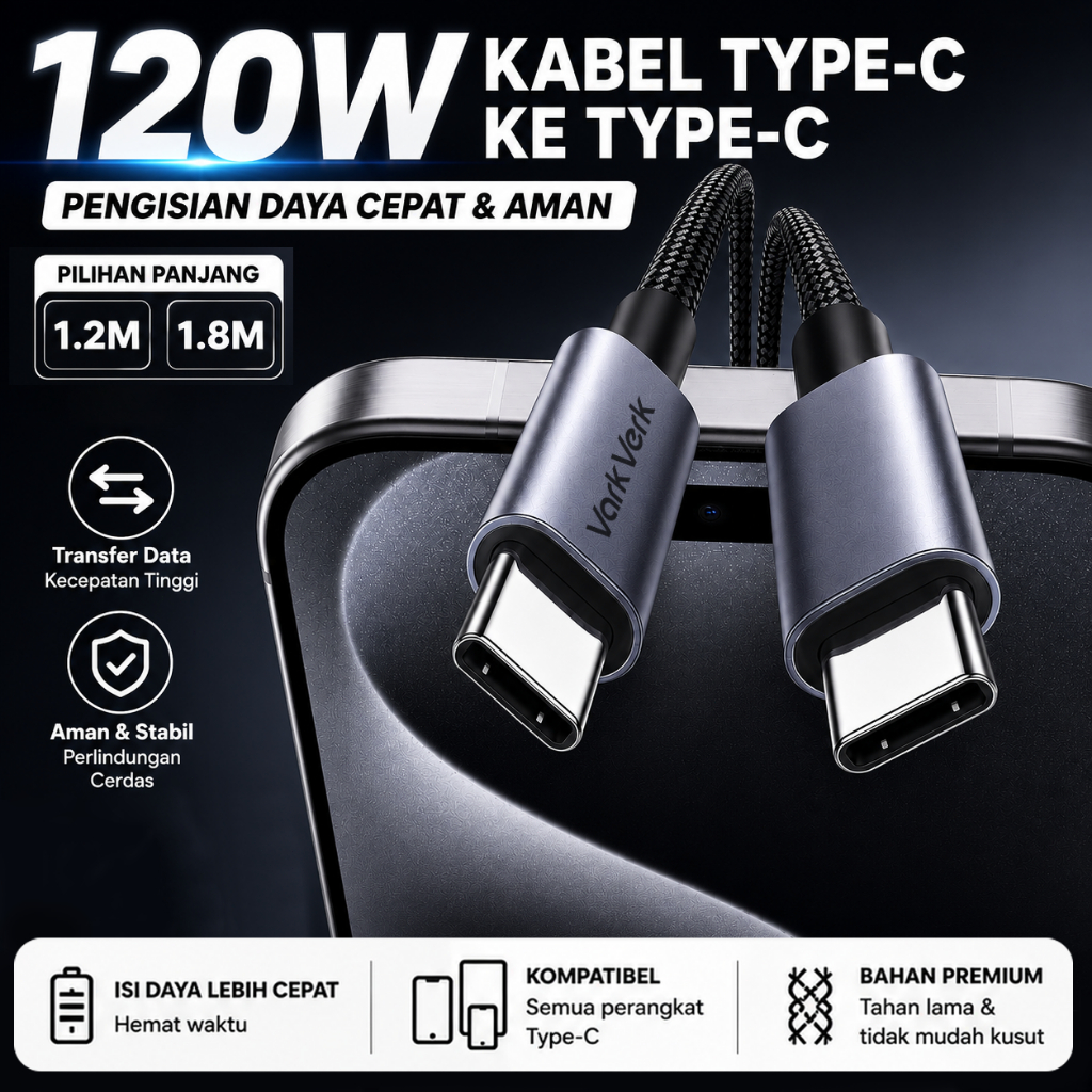 VarkVerk (C04) Type C to Type C 120W Kabel Data Pengisian Cepat Nilon Jalinan Paduan Aluminium Super