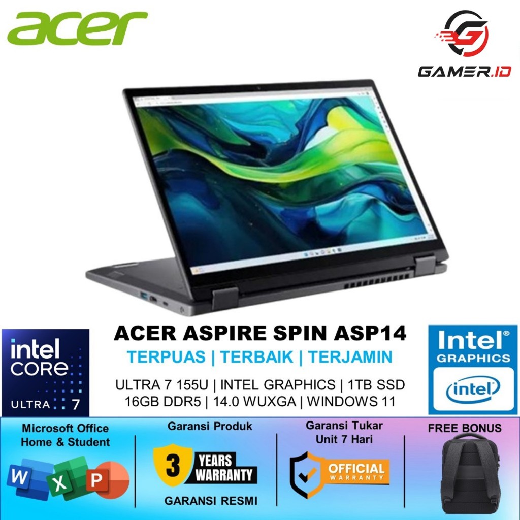 ACER ASPIRE SPIN ASP14 TOUCH ULTRA 7 155U RAM 16GB SSD 1TB WINDOWS 11 OHS WUXGA