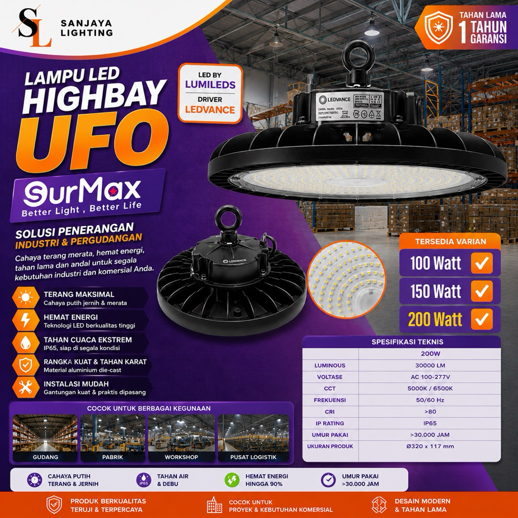 Lampu Highbay UFO LED SurMax ,Cahaya putih/ kuning ,Body premium