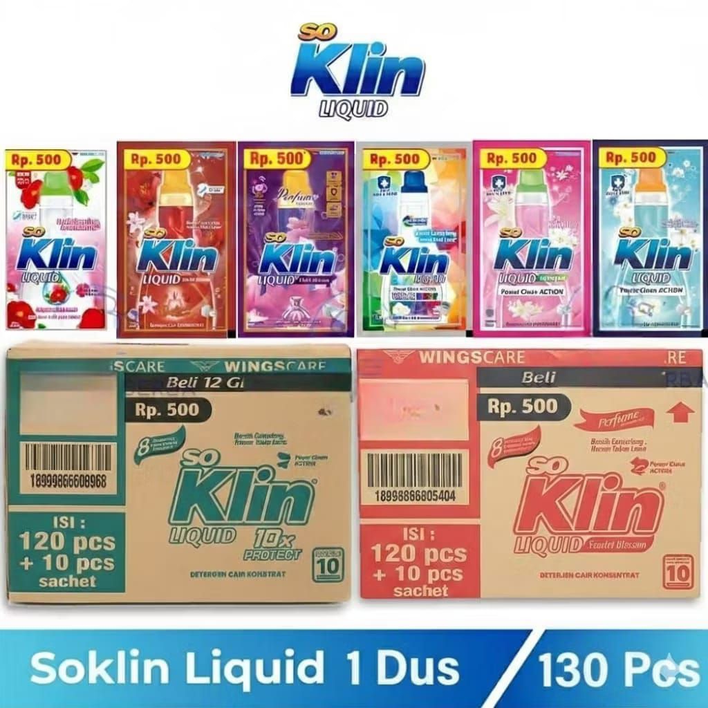 Soklin Liquid Cair 1 Karton Isi 120+10 Sachet, Kemasan 500an 20ml Siap Jual Eceran