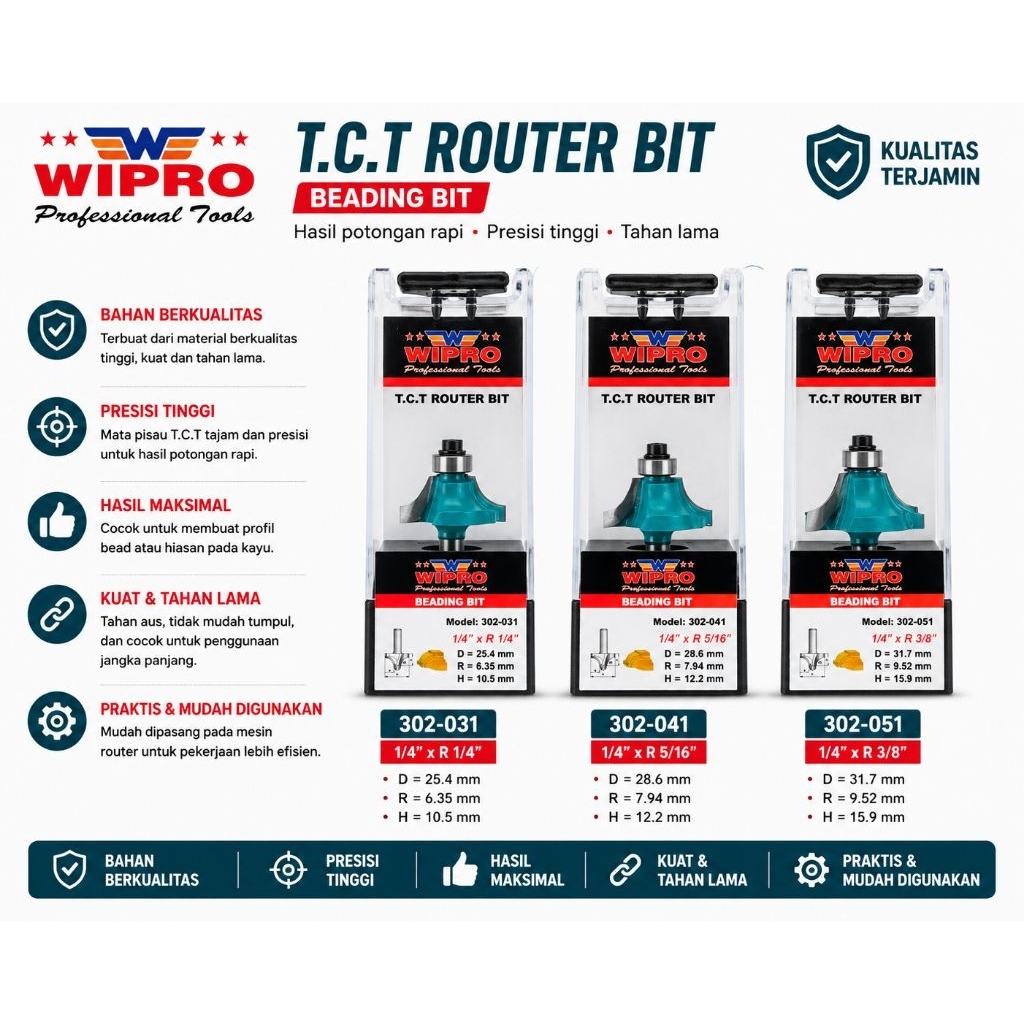 WIPRO T.C.T Router Bit Beading Bit model: 1/4"×R 1/4",  1/4"×R 5/16",   1/4"×R 3/8".Mata Router Prof