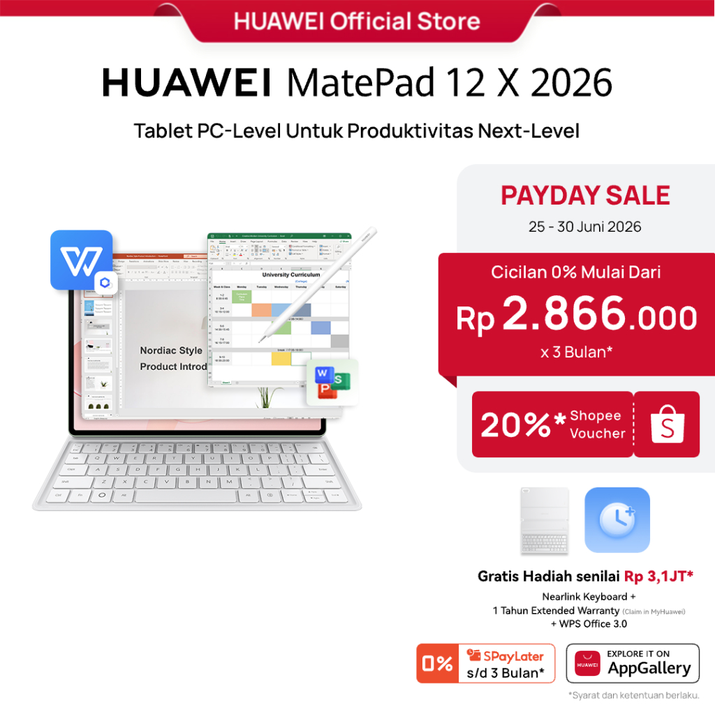 [PAYDAY] HUAWEI MatePad 12 X 2026 Tablet l PC-Level WPS 3.0 l Layar PaperMatte Ultra Jernih l Suppor