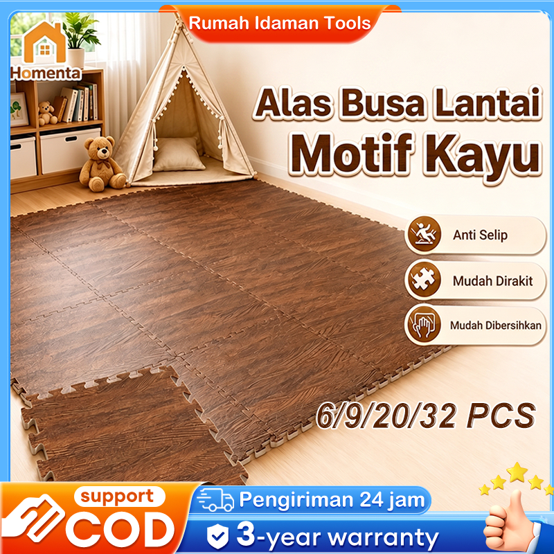 Homenta Matras Puzzle Evamat Motif Kayu 30x30cm/60x60cm Karpet Lantai Lembut Anti-Selip  Cocok Untuk