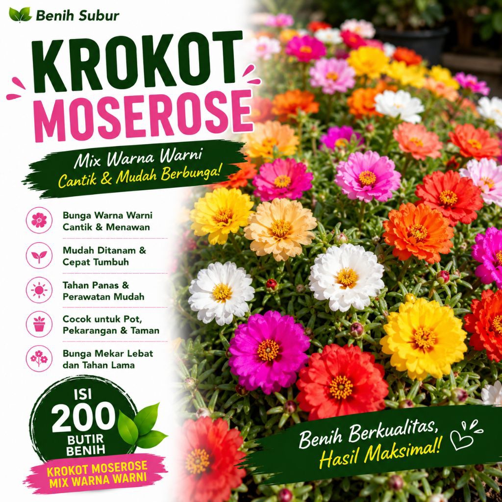 (±200 BUTIR) Benih Bibit Biji Bunga Krokot Moserose Warna Warni