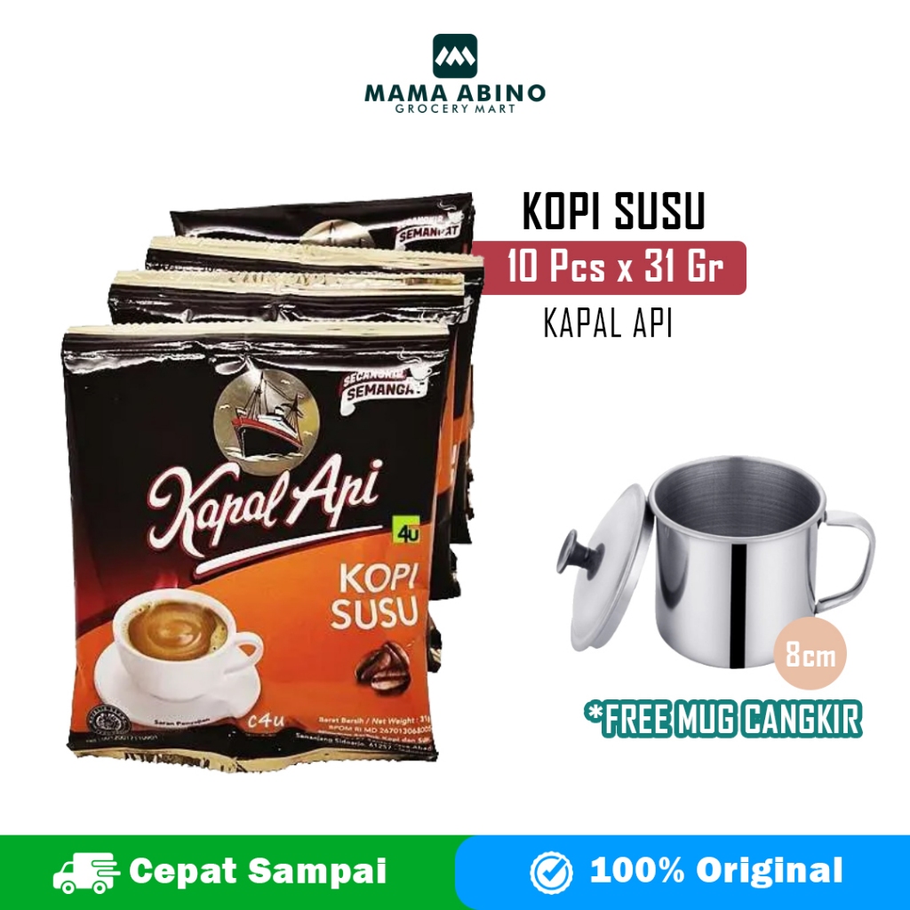 Kopi Kapal Api Susu 10 Sachet x 31gr (1 Renceng) Free Gelas Mug Cangkir Stainless 8cm
