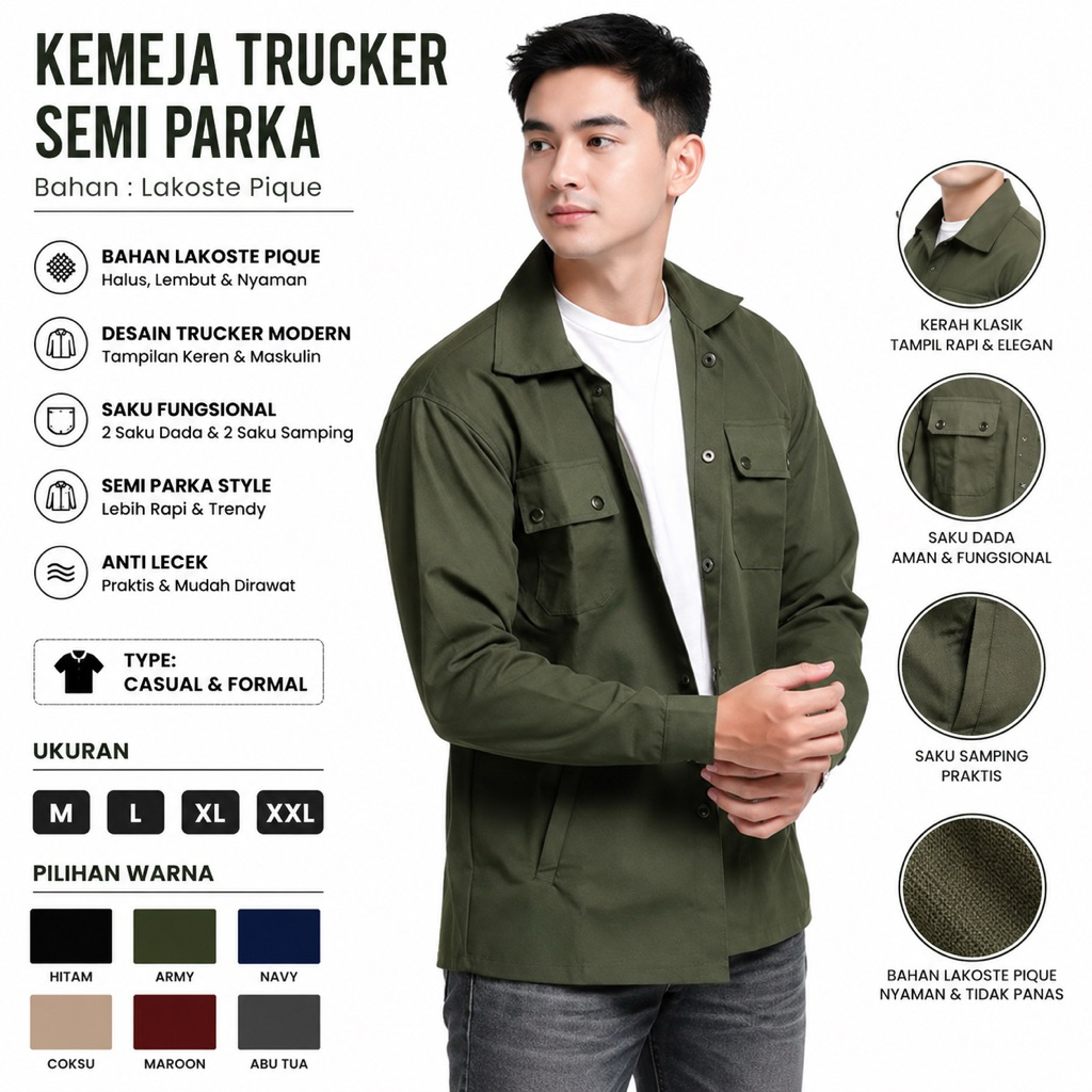 Kemeja Lengan Panjang Pria Trucker Semi Parka Basic Outer Jaket Atasan Slim Casual Formal Cowok