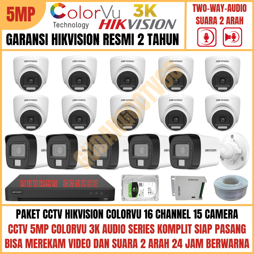 Paket CCTV HIKVISION COLORVU 16 Channel 15 Camera 5MP 3K Full Colour AUDIO TWO WAY Komunikasi 2 ARAH